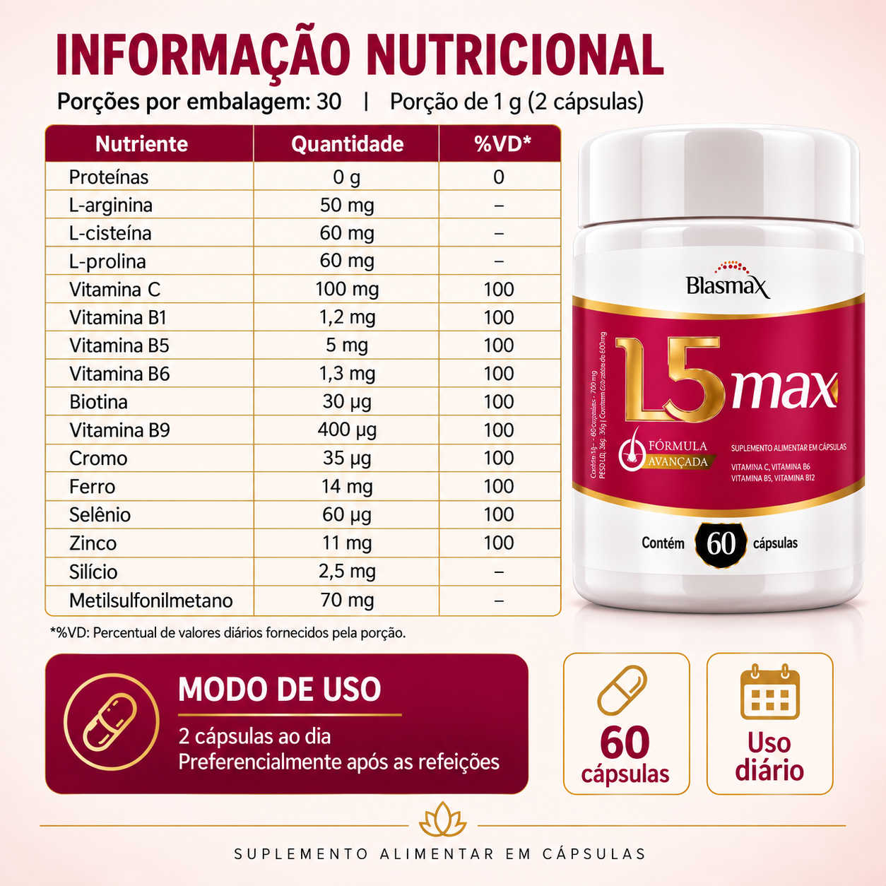 Tabela nutricional e modo de uso do L5 Max